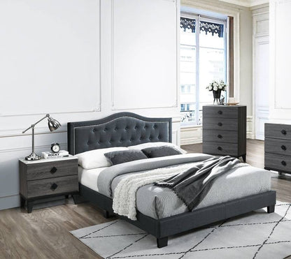 Queen Burlap Charcoal European Bed Frame with Tufted Headboard for Bedroom