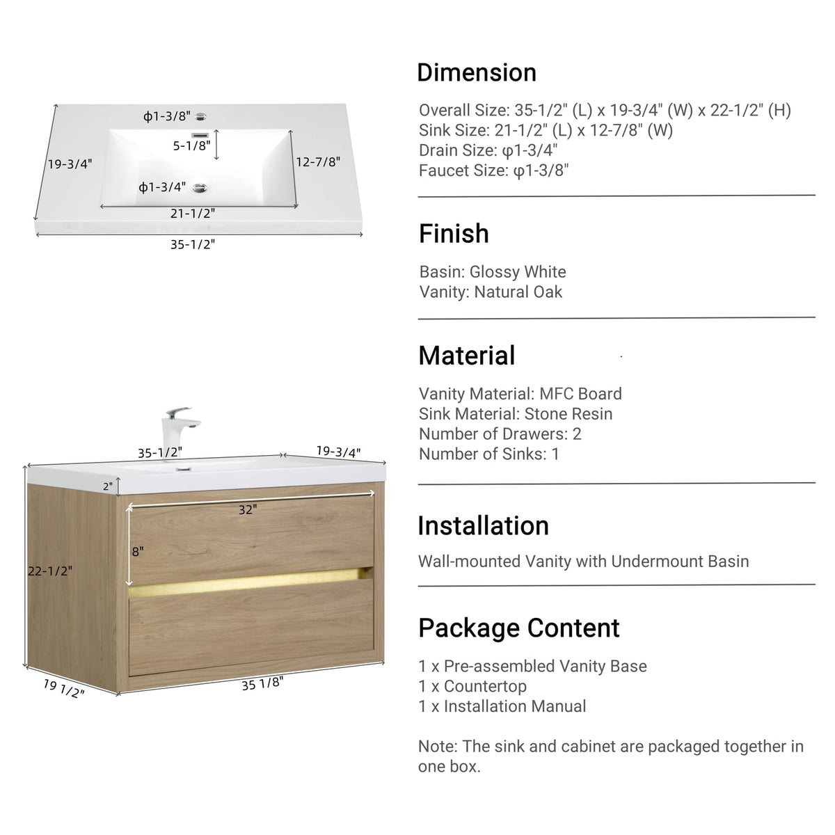36" Wall-Mounted Bathroom Vanity with Sink - Oak & White