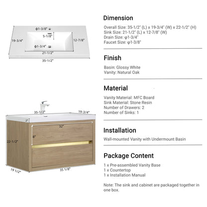 36" Wall-Mounted Bathroom Vanity with Sink - Oak & White