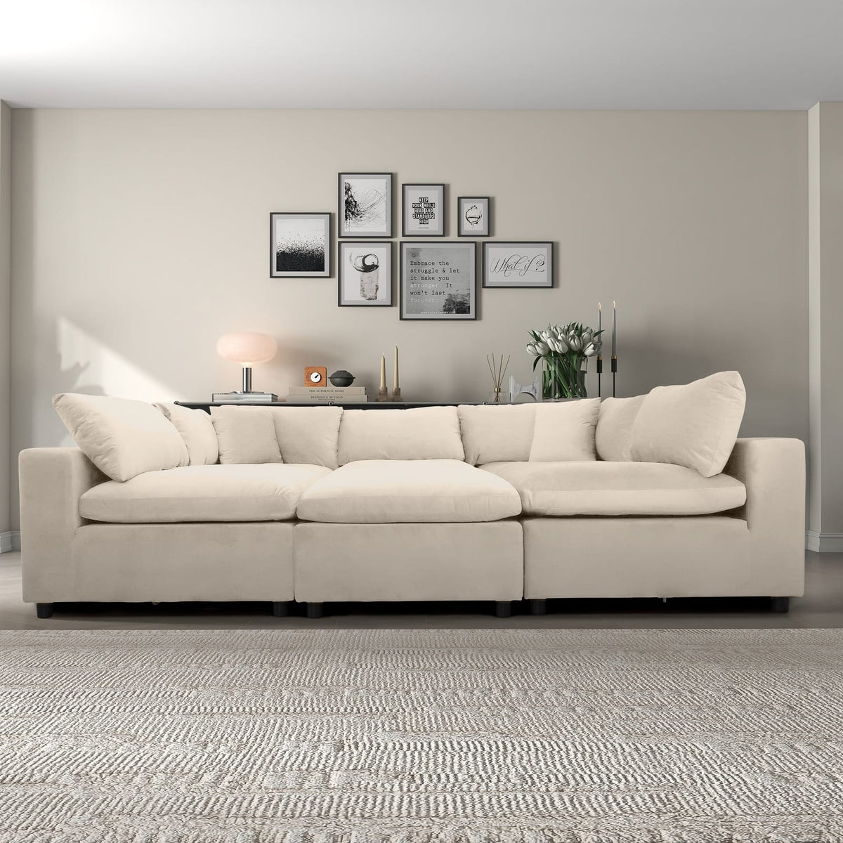 Six Seat Ivory Velvet Sectional Sofa for Living Room
