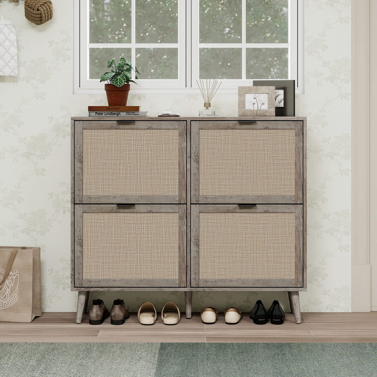 4 Door Shoe Rack - Modern Grey Storage Cabinet