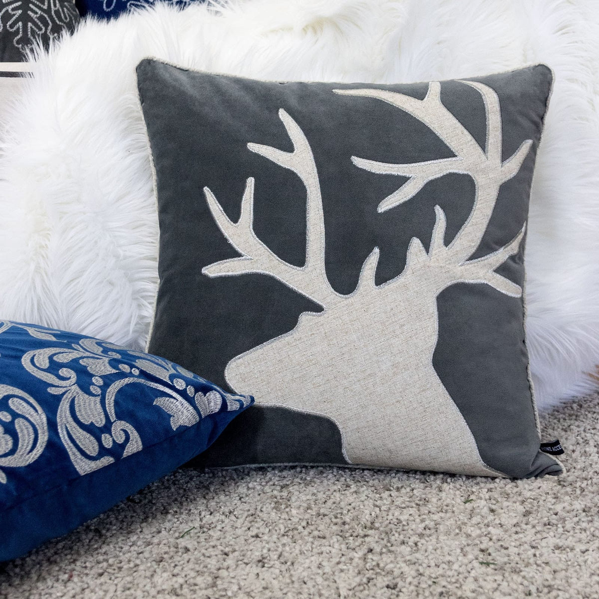 Gray Velvet Reindeer Accent Pillow 20x20 with Insert Set