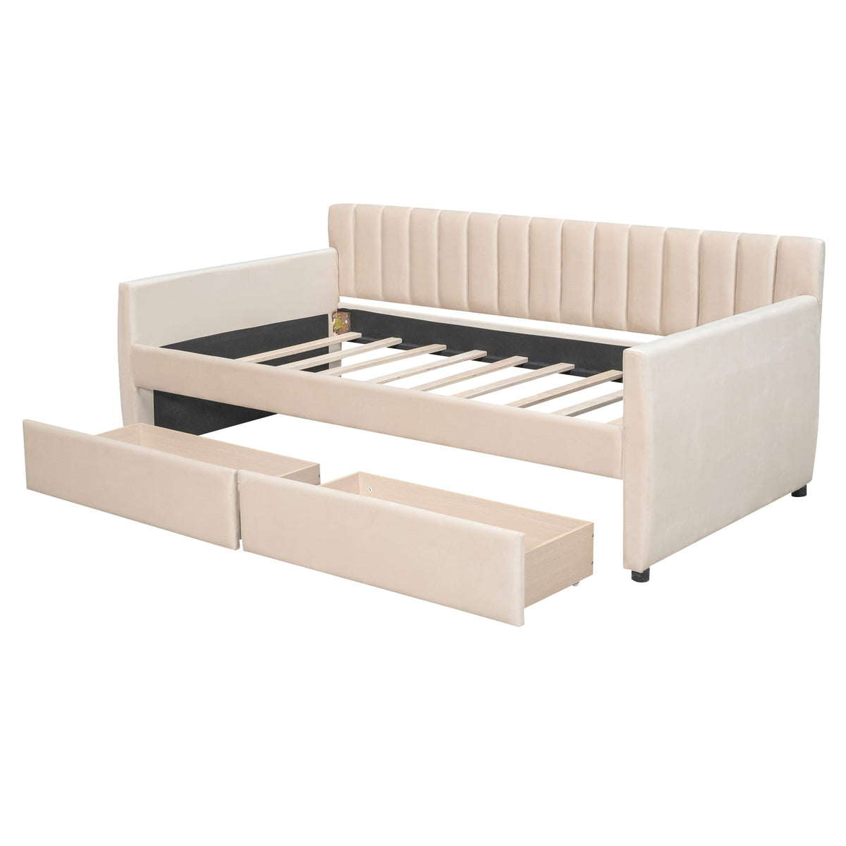 Beige Velvet Sofa Bed with Drawers - Storage Daybed for Living Room