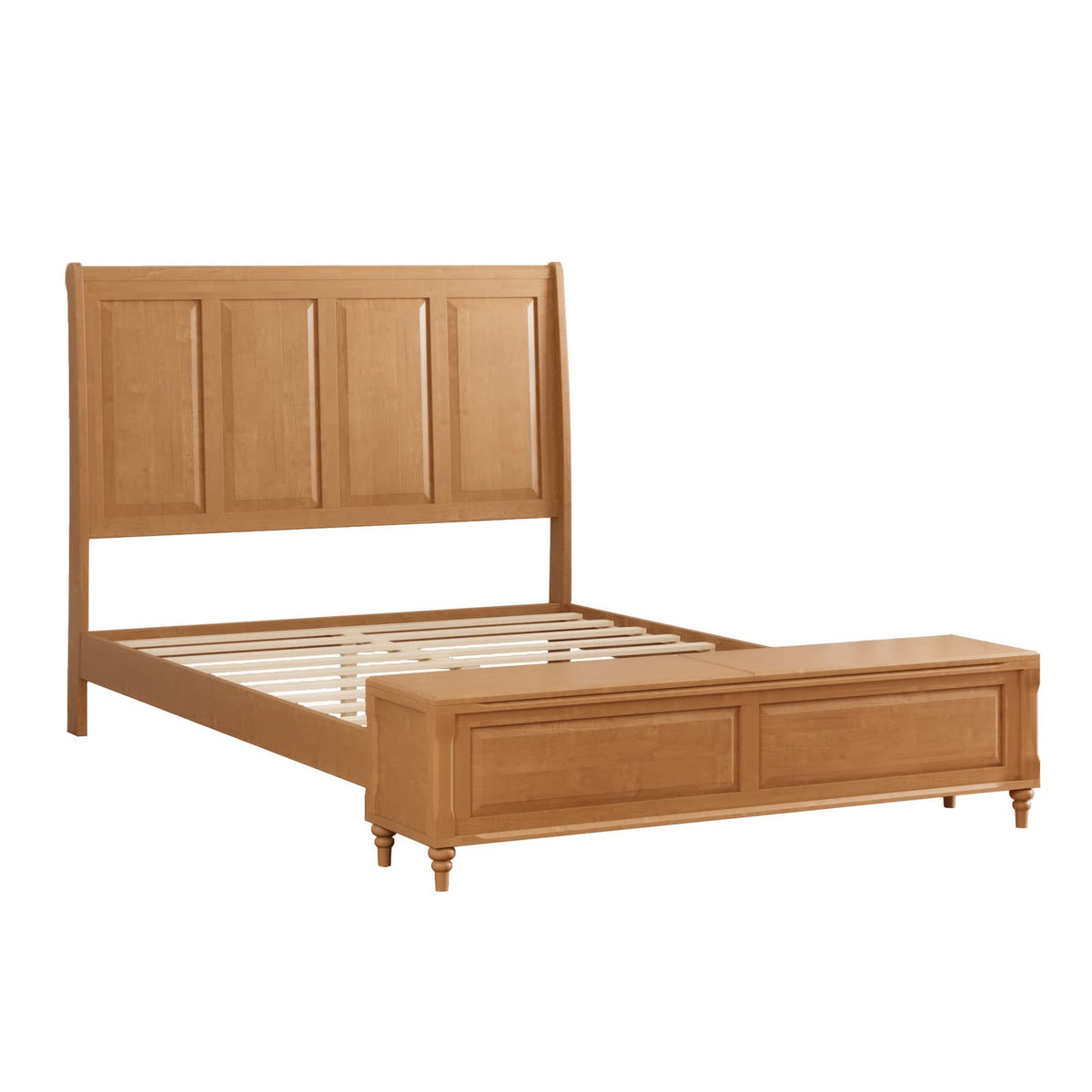 Queen Sleigh Bed Frame with Storage Bench - Natural Wood