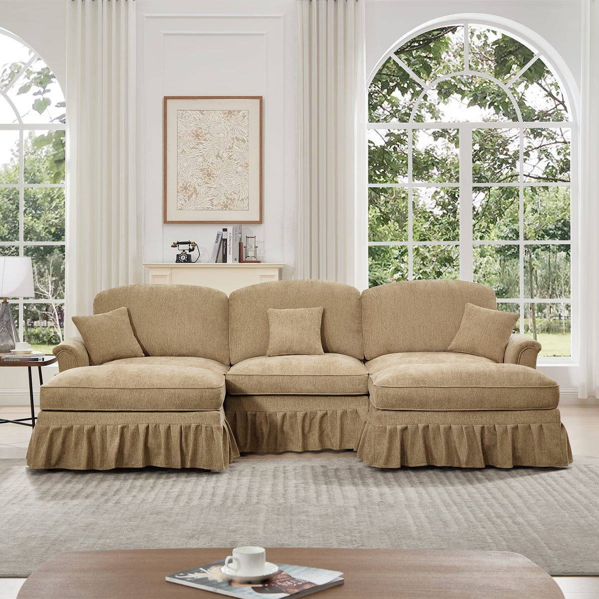 3 Seat Chenille Sectional Sofa - Light Coffee for Living Room