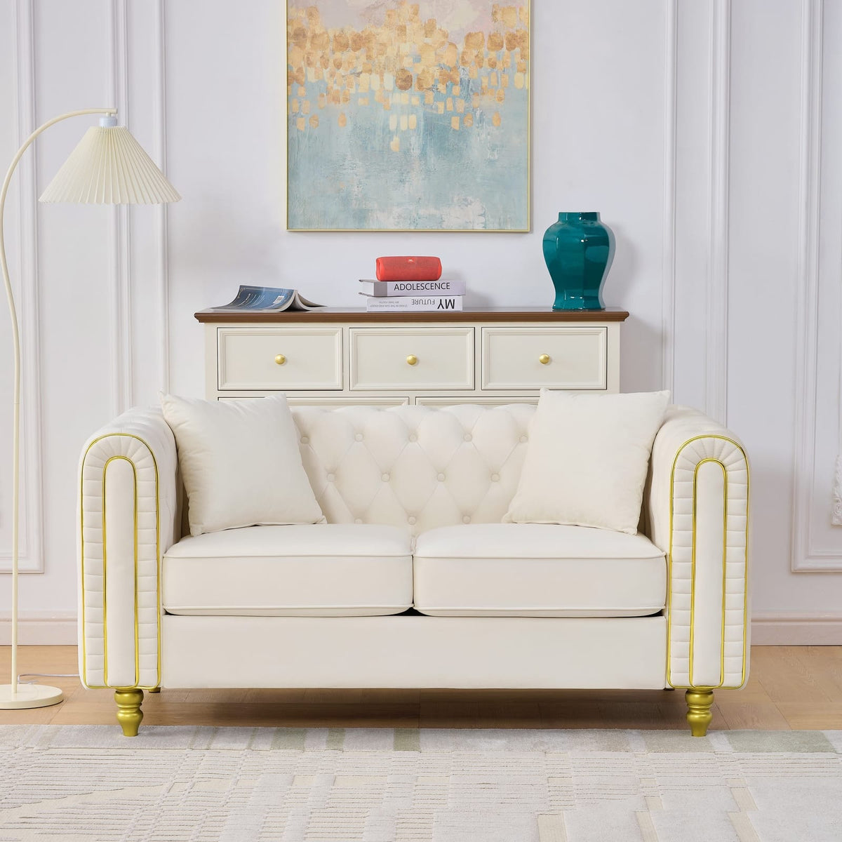 63" Beige Velvet Loveseat Sofa - Button Tufted Primary Living Space for Living Room
