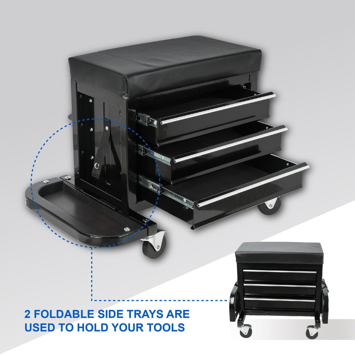 3 Drawer Tool Chest Rolling Seat - Black Steel