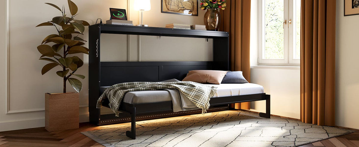 Twin Size Side Folding Murphy Bed Black Space Saving Design for Bedroom