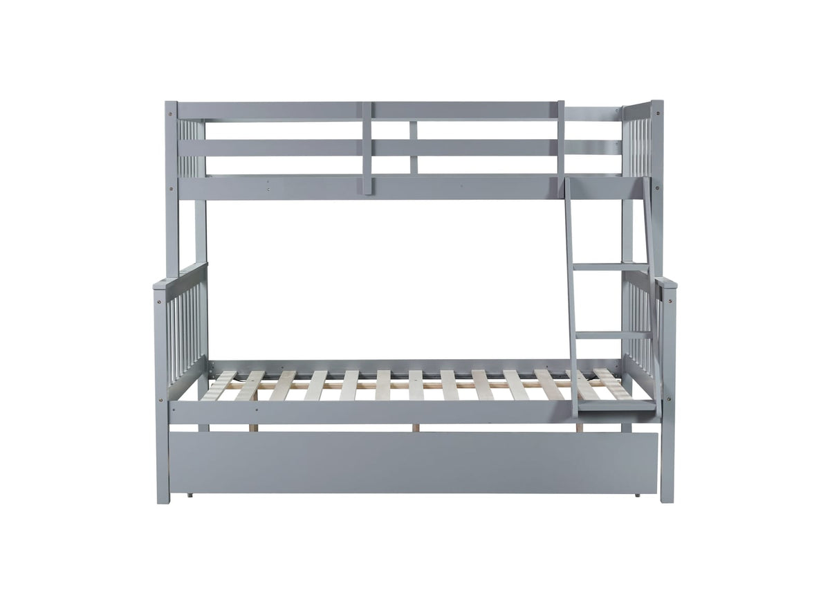 Twin Over Full Bunk Bed with Trundle - Grey Rubber Wood for Bedroom