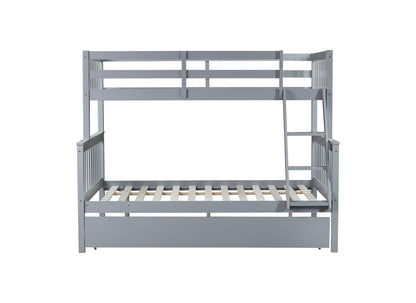 Twin Over Full Bunk Bed with Trundle - Grey Rubber Wood for Bedroom