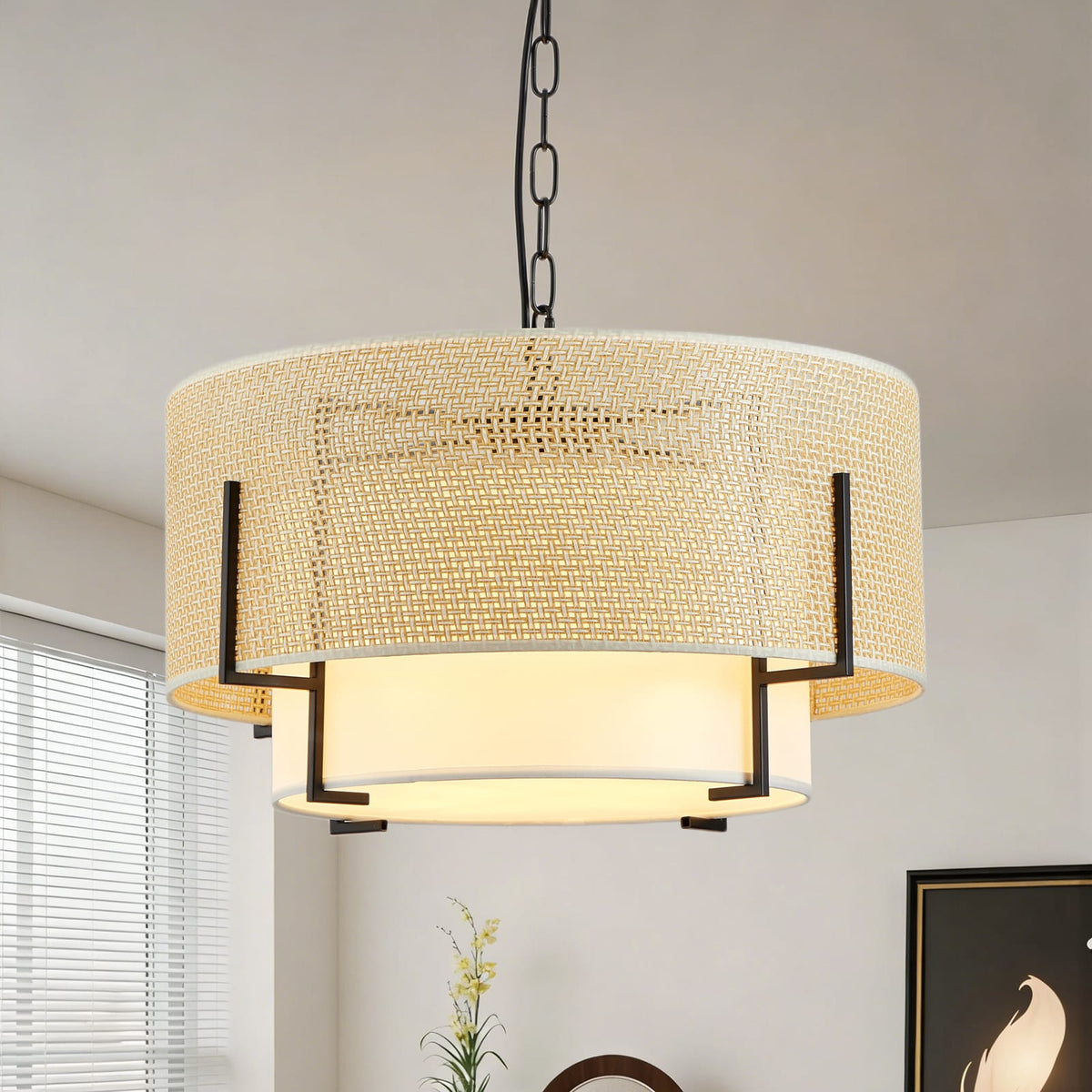 Gold Rattan Chandelier - 19.7" Farmhouse Boho Lighting
