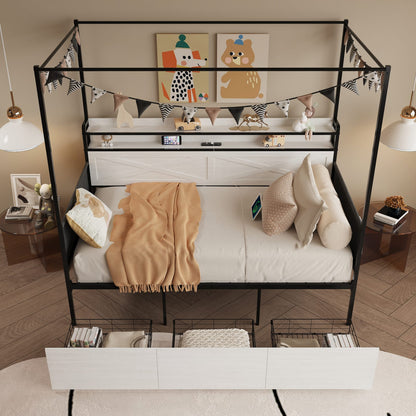 Twin Size Bed Frame with Storage Drawers, White MDF Metal