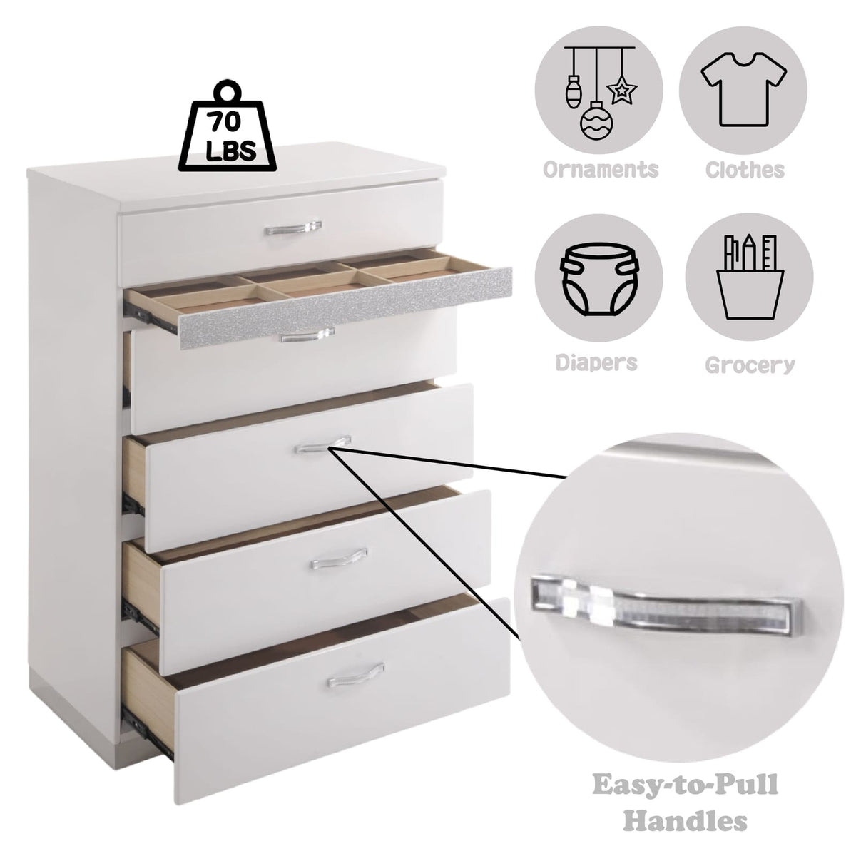 White Synthetic Wood Chest with 5 Storage Drawers for Bedroom