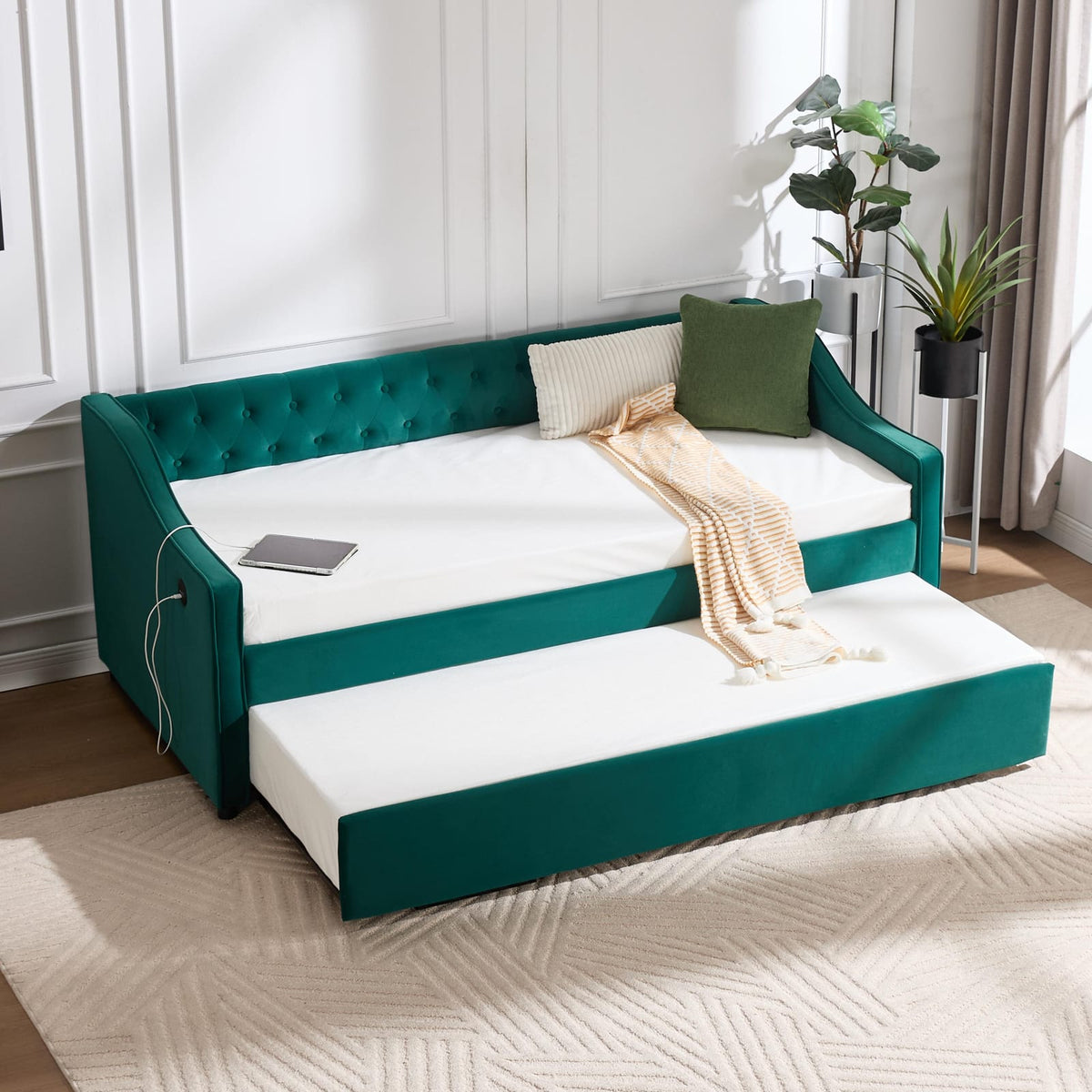 Emerald Velvet Twin Daybed with Trundle - USB Port for Living Room