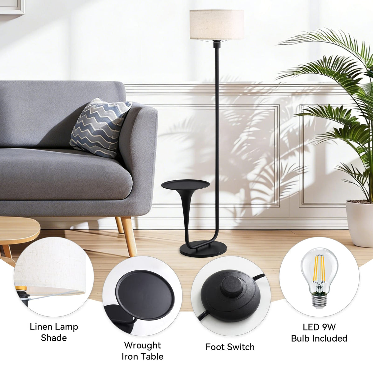 146cm Dimmable Floor Lamp with Tray - Iron & Black Table Light