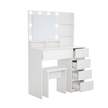 White Makeup Vanity Desk Set with Mirror & Lights - 4 Drawers
