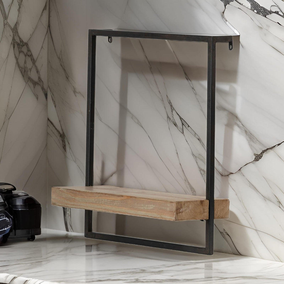 Yin 18 Inch Wall Shelf - Black Iron Brown Wood Display Shelves