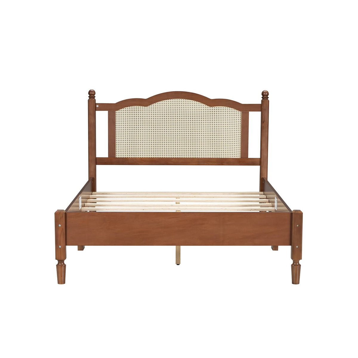 Full Size Walnut Rattan Bed Frame - No Box Spring Needed
