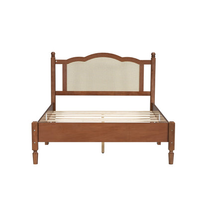 Full Size Walnut Rattan Bed Frame - No Box Spring Needed