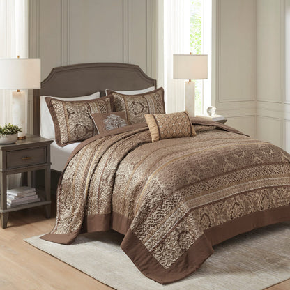 5 Piece Reversible Jacquard Bedspread Set - King Size, Brown & Gold