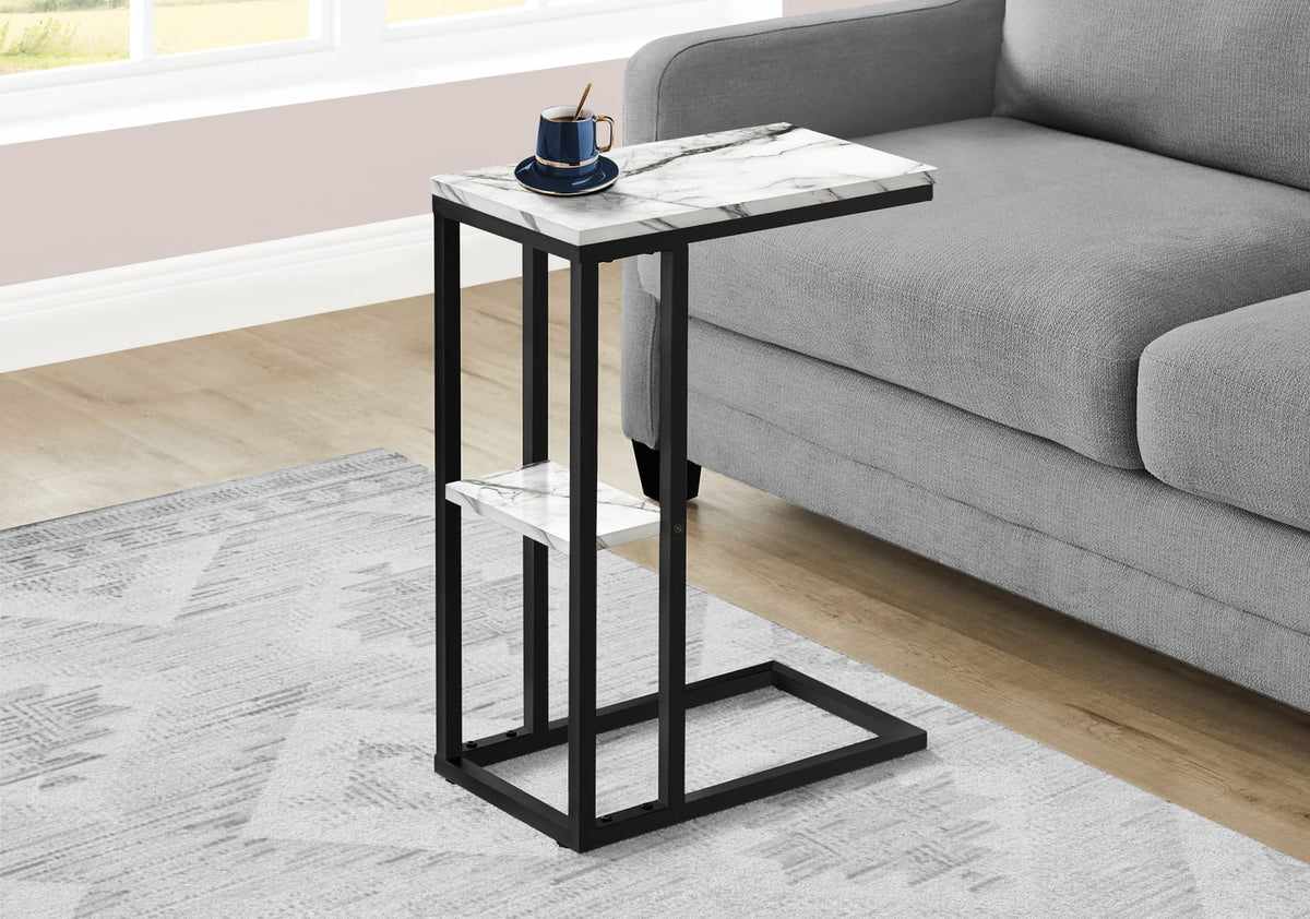 C-Shaped Accent Table - White Marble Look, Storage Side Table