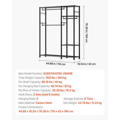 Black Carbon Steel Clothes Rack - 6 Tier Storage