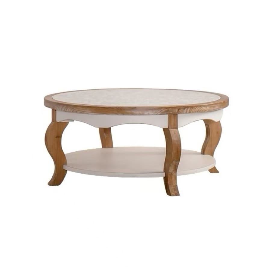 Round Coffee Table with Glass Top - White & Wood