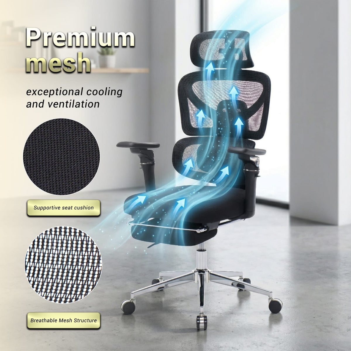 Black Mesh Ergonomic Office Chair - 6D Armrests