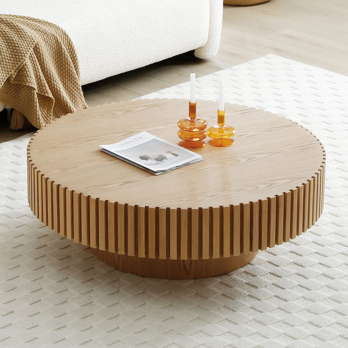 31.49" Round Ash Wood Coffee Table - Small Apartment Table for Living Room