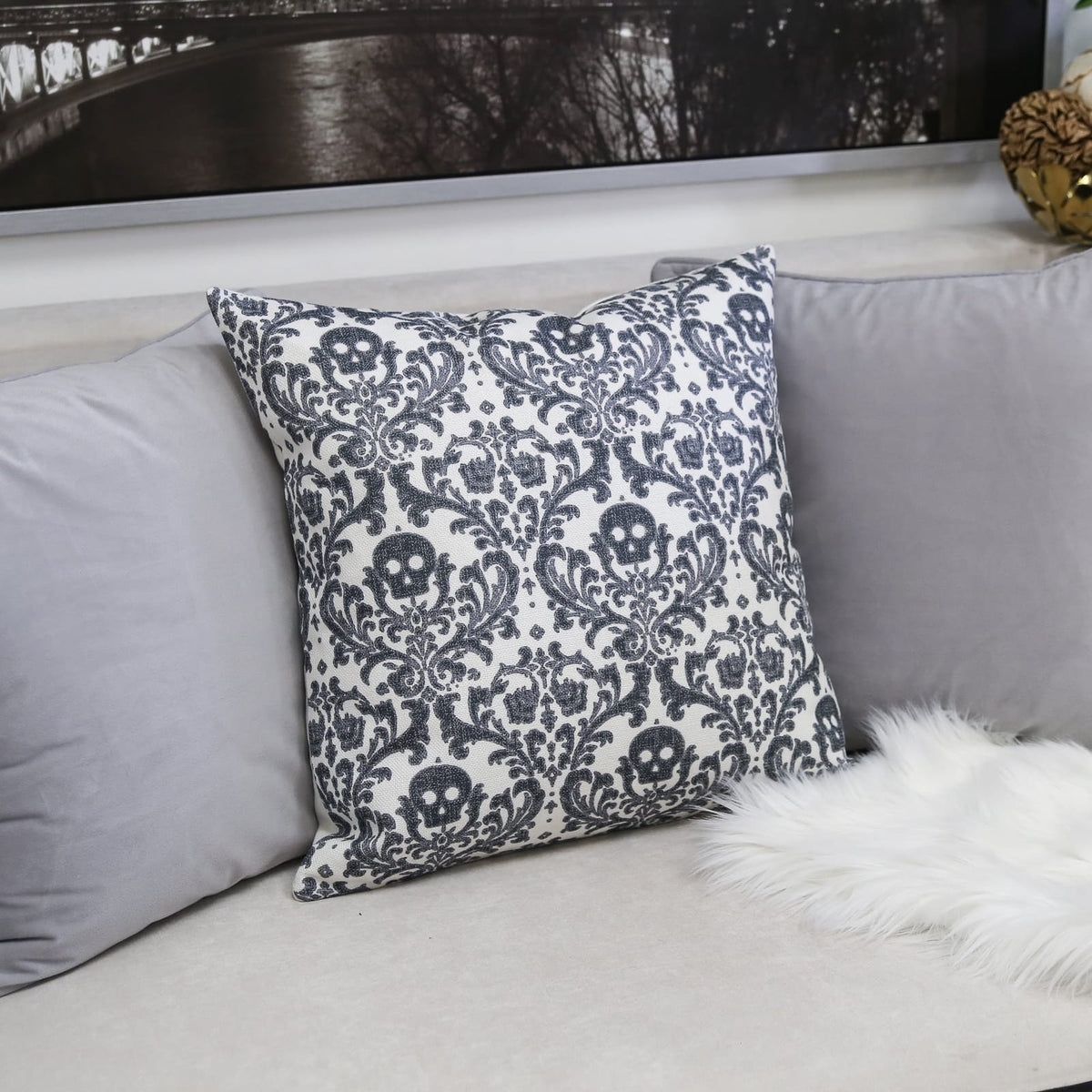 Baroque Skull Throw Pillow Gothic Gray & White Day of the Dead Accent Cushion