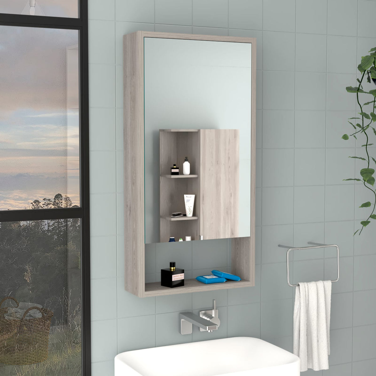 Light Gray Medicine Cabinet with Mirror - 35.4" Tall Storage Unit
