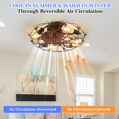 Low Profile Caged Ceiling Fan with Lights - Black Iron