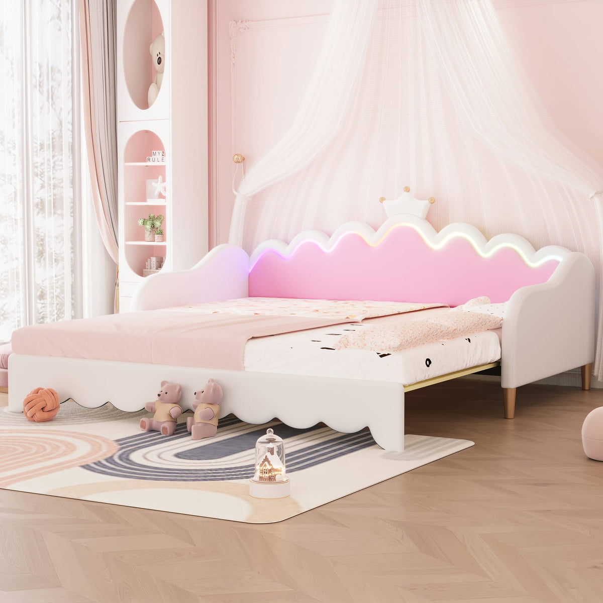 Twin White Wood Daybed with Extendable Bed & LED Lights