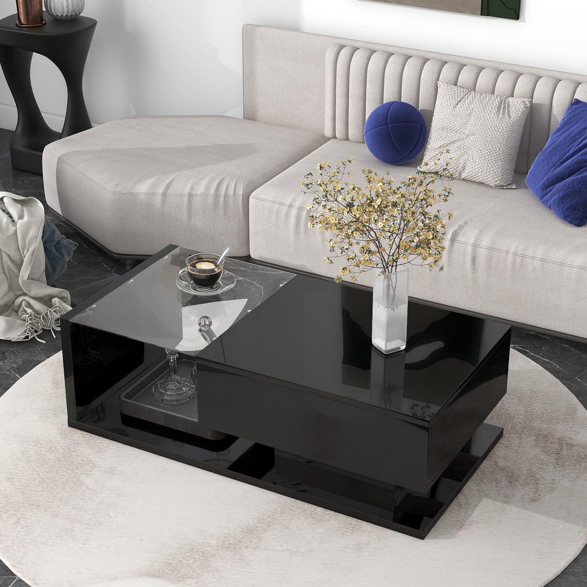 Black Rectangular Coffee Table with Glass Top