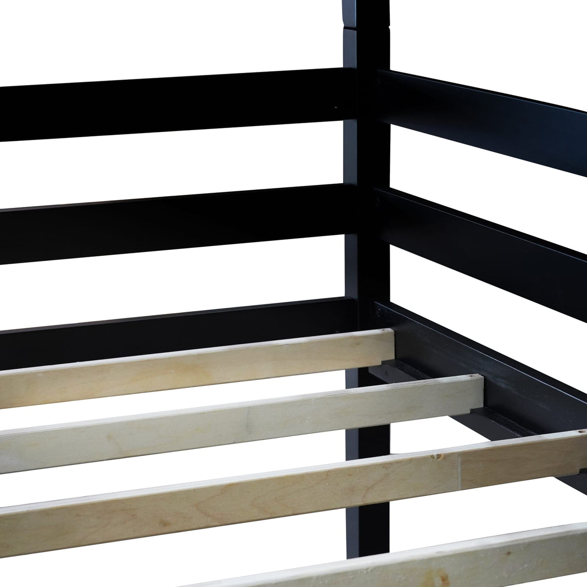 Black Rubber Wood Triple Bunk Bed with Ladders and Guardrails for Bedroom