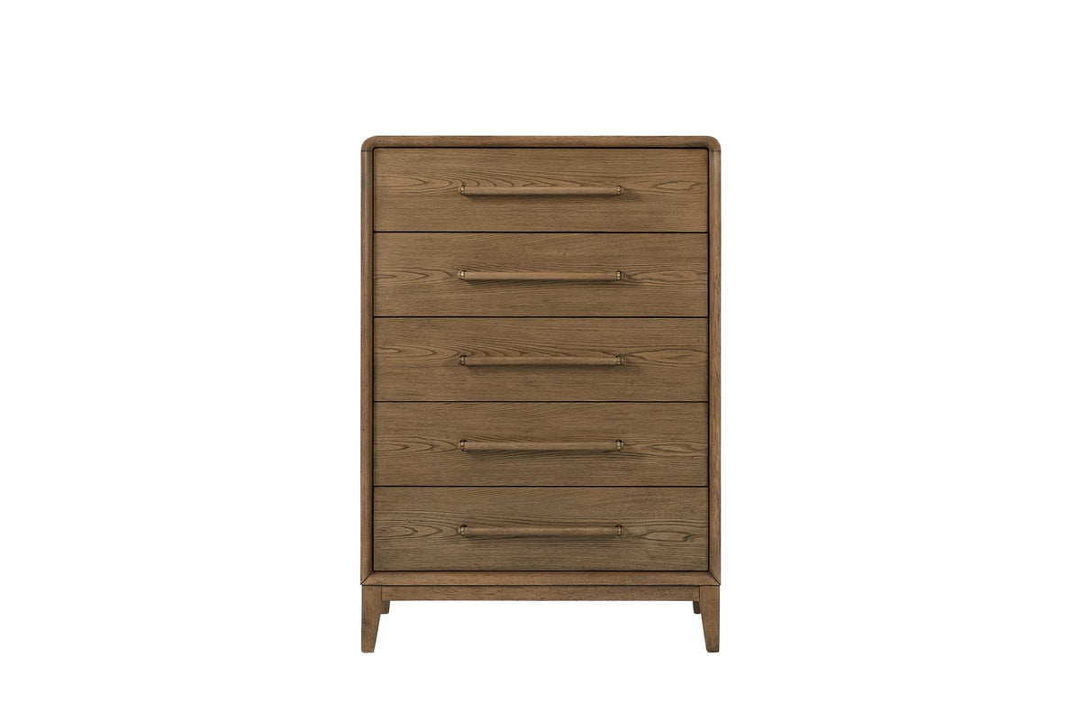 Light Brown Wood Chest with Five Drawers for Bedroom Storage