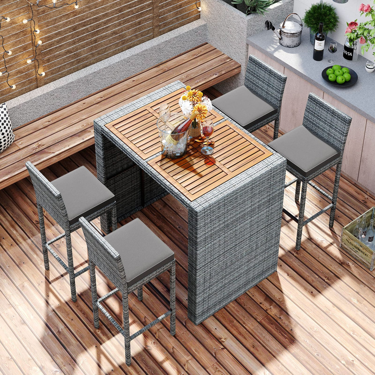5-Piece Gray Wicker Bar Height Patio Set with Chairs