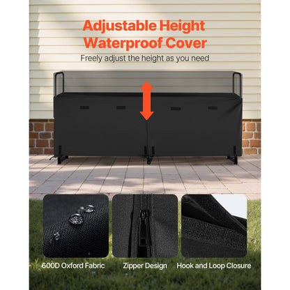 Black Iron Firewood Rack with Cover - 8ft Outdoor Log Holder