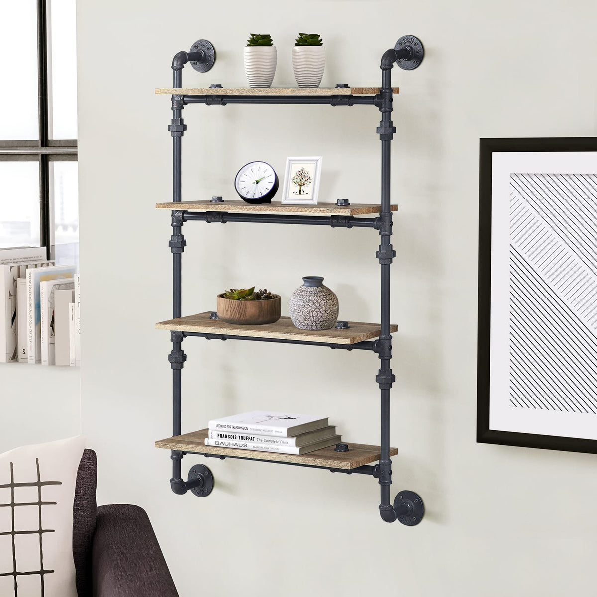 Oak 4-Tier Wall Shelving Unit - Natural Black for Living Room