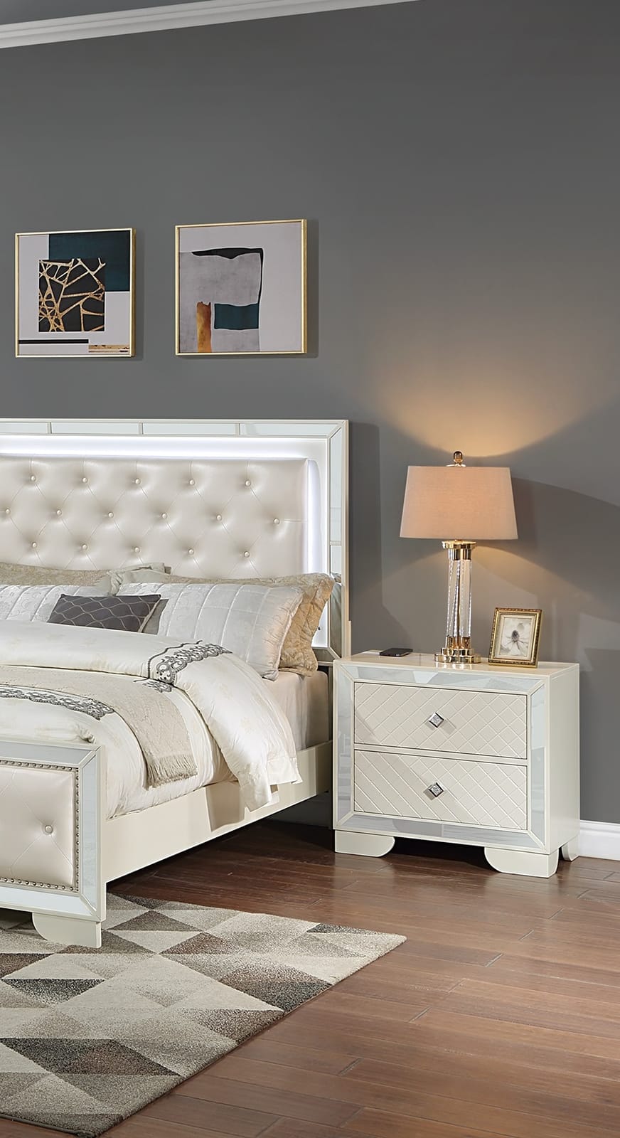 Cream Solid Wood Nightstand - 2 Drawers Storage Bedside Cabinet