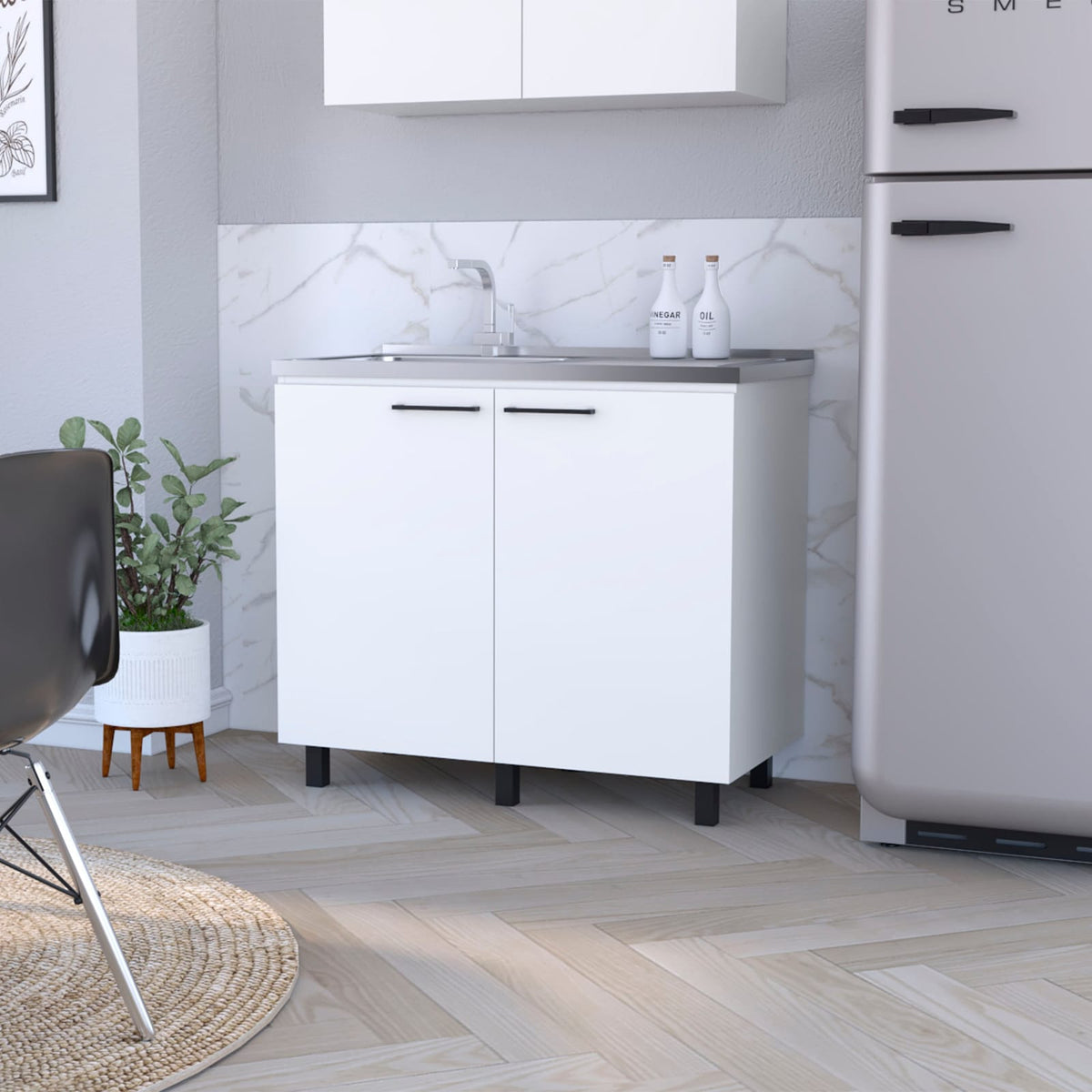White Kitchen Sink Cabinet with 2 Sinks - Wood Finish