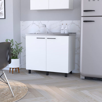 White Kitchen Sink Cabinet with 2 Sinks - Wood Finish
