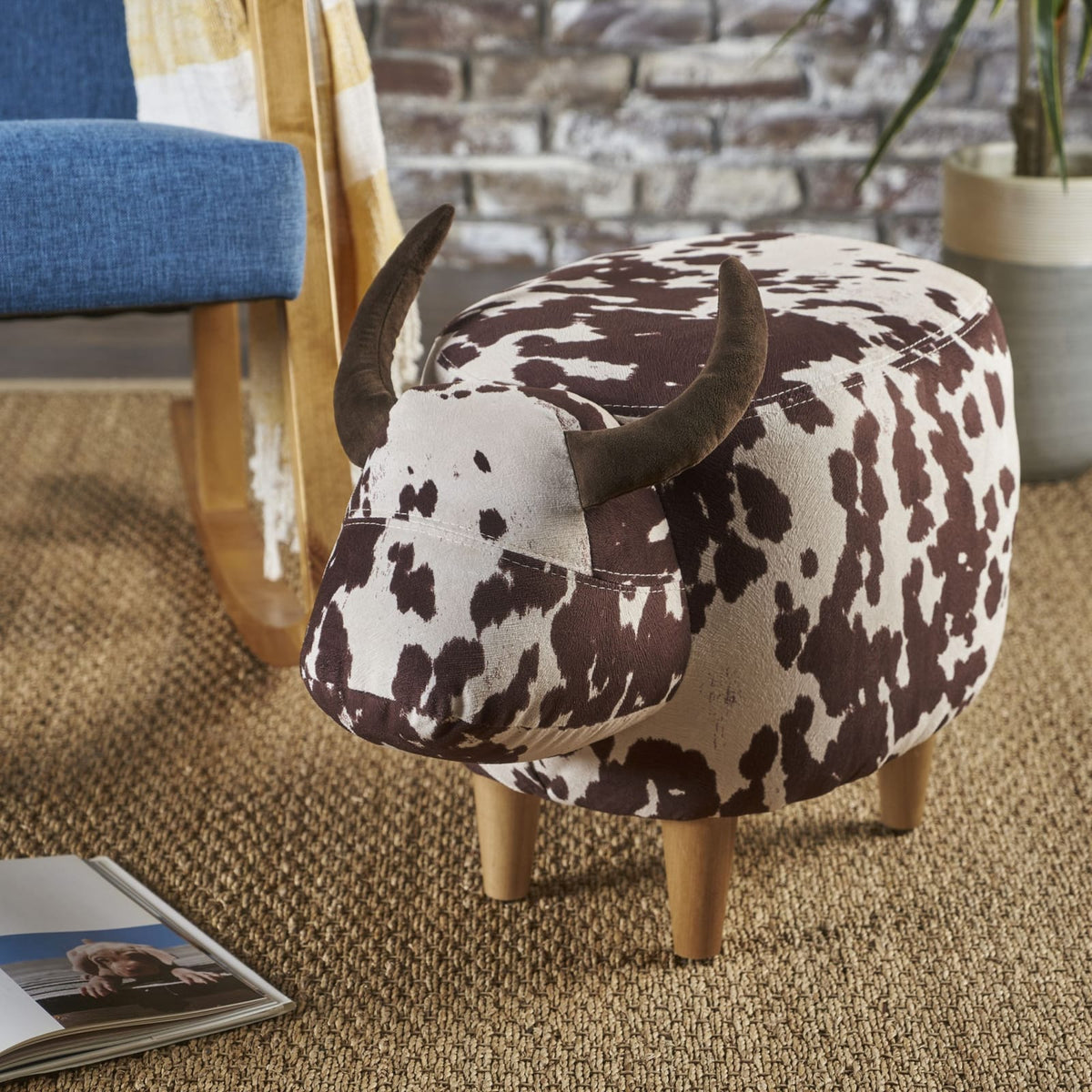 Brown & White Cow-Shaped Ottoman - Modern Accent Stool