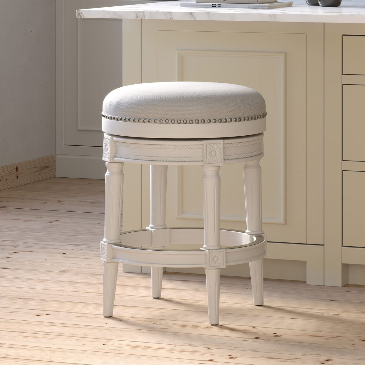 26in. Swivel Barstool - White Wood & Fabric