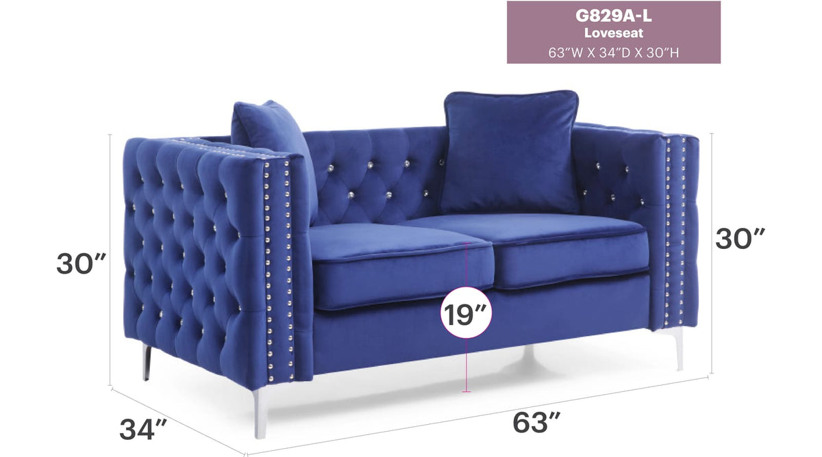 Blue Velvet Loveseat - 63" W x 34" D