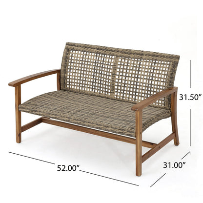 Natural Grey Acacia Wood Wicker Loveseat for Patio Seating