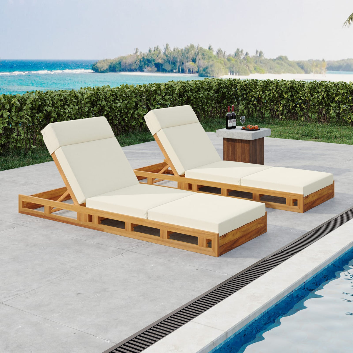 Beige Acacia Wood Chaise Lounge Set with Cushions