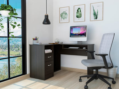 Wenge 2-Drawer L-Shaped Computer Desk - Work From Home Storage