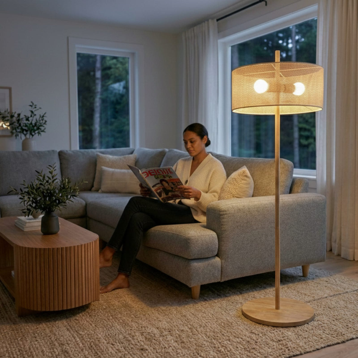 Brown Wood Floor Lamp - Drum Shade Table Lamp for Bedroom Living Room