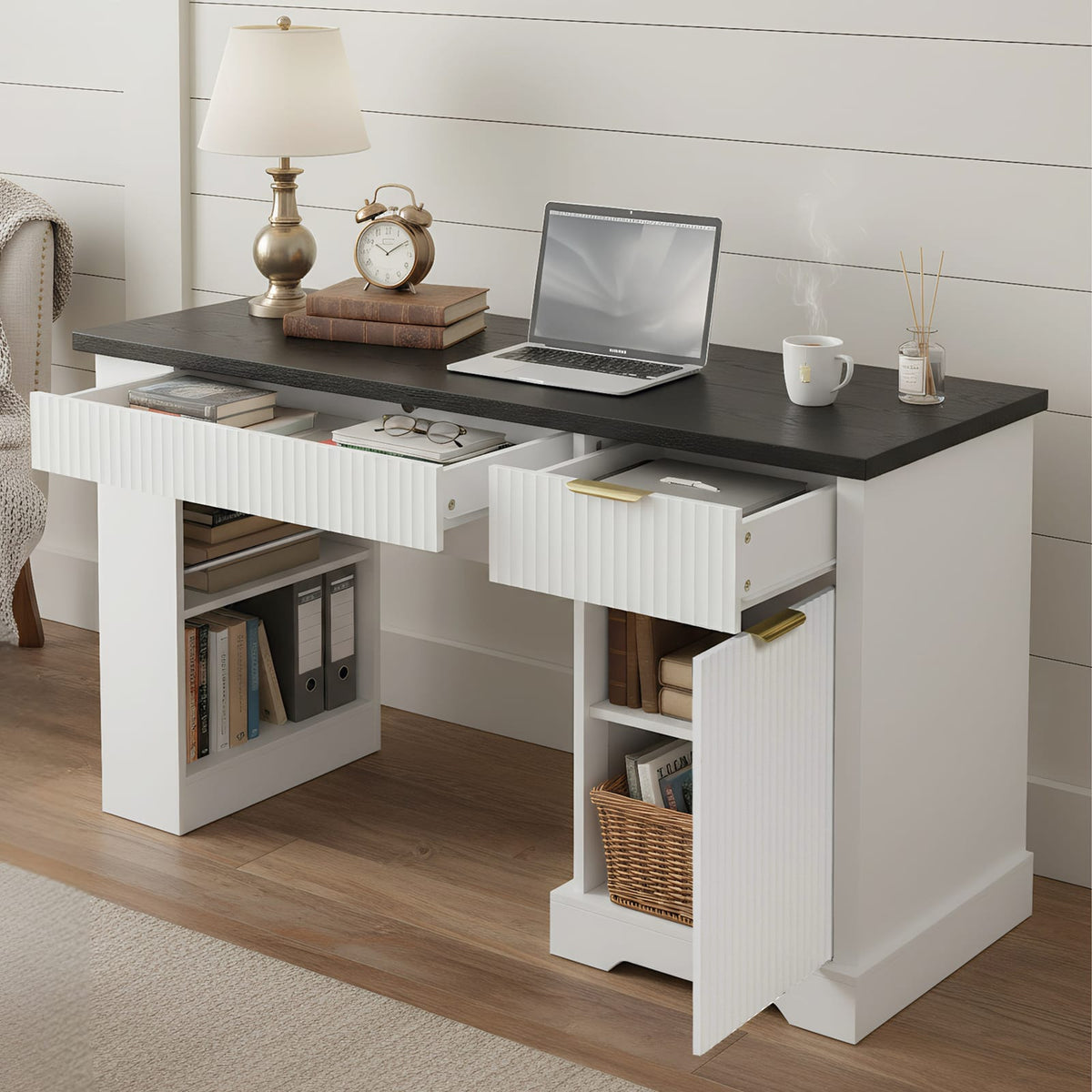 55" Modern Fluted Office Desk with Storage - White